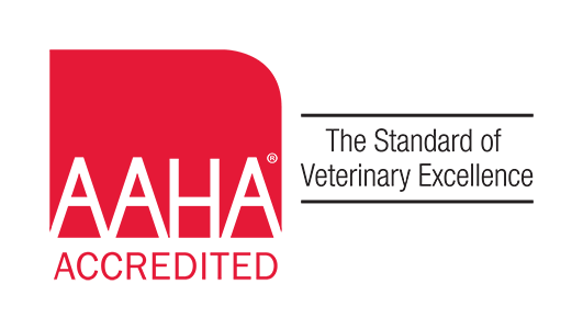 Red and white AAHA logo that reads AAHA accredited - the standard of veterinary excellence