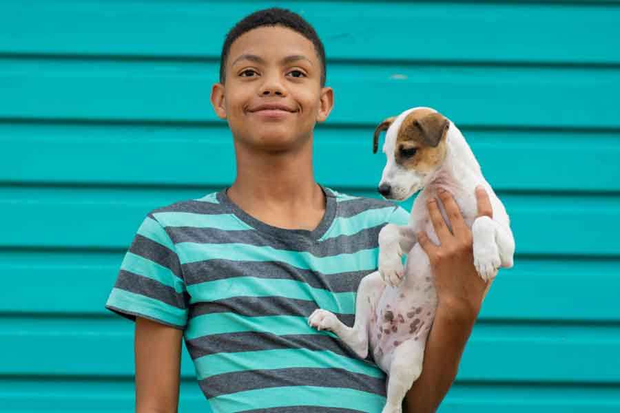 A boy with black hair and brown skin holds a small white and brown terrier dog and smiles at the viewer from a turqouise background.