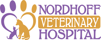 Purple and gold logo of a heart shaped paw print surrounding a cat and dog and the words Nordhoff Veterinary Hospital.