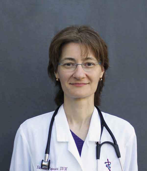 Dr. Nicoleta Popescu, a tall, slim female veterinarian with short light brown hair smiles at the viewer in a white lab coat.
